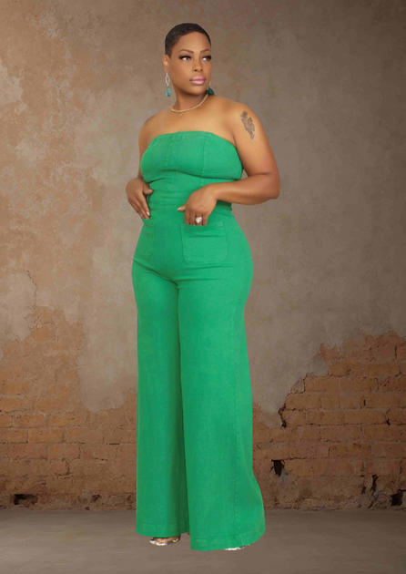 Green Pockets Oversized Ribbed Wide Leg Jumpsuit