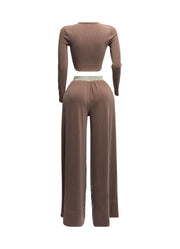 Laura Long Sleeve Knotted Top and Wide Leg Pants Set (Brown/Olive)