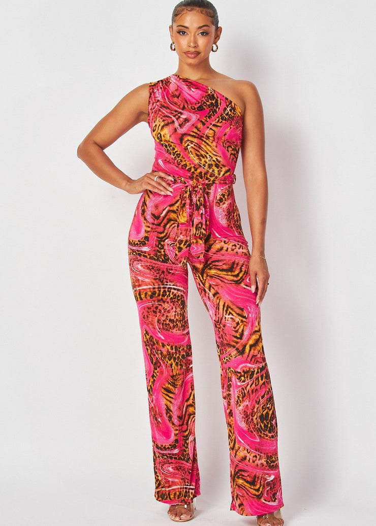 Animal Print One Shoulder Jumpsuit (Pink)