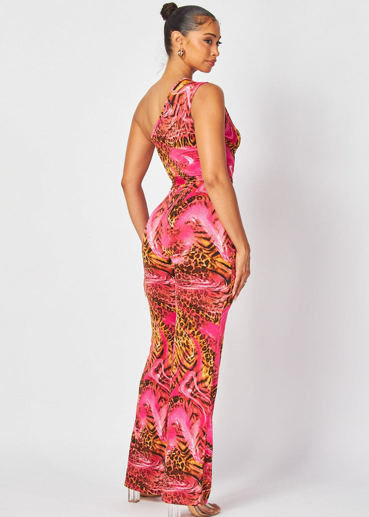 Animal Print One Shoulder Jumpsuit (Pink)