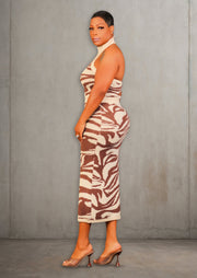 Zebra Print Halter Crop Top Skirt Set (Brown)