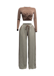 Laura Long Sleeve Knotted Top and Wide Leg Pants Set (Brown/Olive)