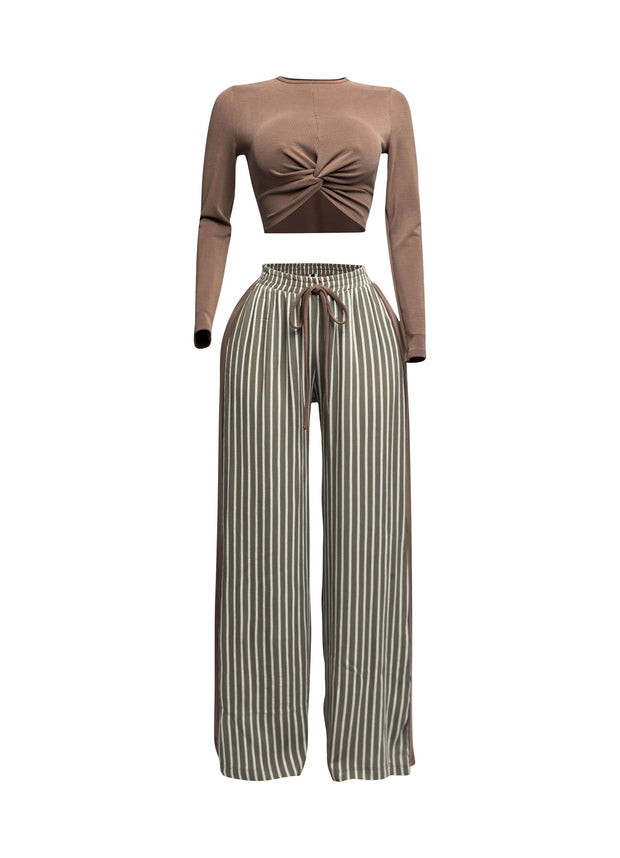 Laura Long Sleeve Knotted Top and Wide Leg Pants Set (Brown/Olive)