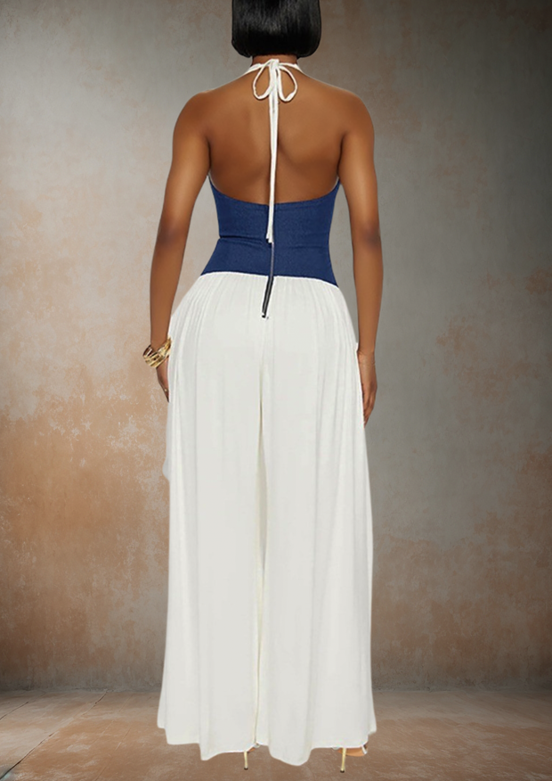 Emma Halter Patchwork Denim Wide Leg Jumpsuit (Blue/White)