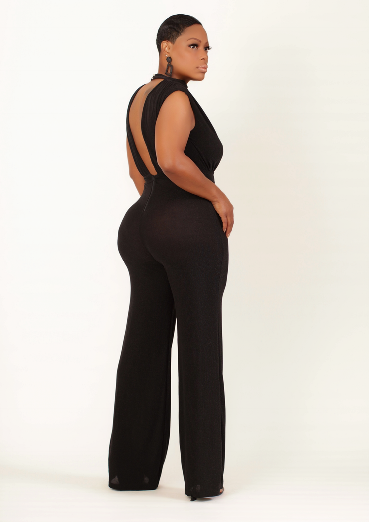 Lux Metallic Wide Leg Open Back Jumpsuit (Black)