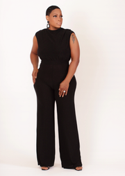 Lux Metallic Wide Leg Open Back Jumpsuit (Black)