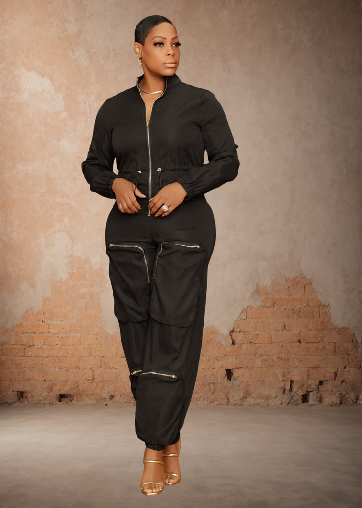 Delphine Casual Cargo Style Jumpsuit (Black)