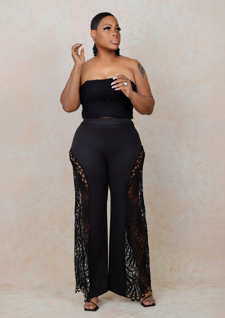 Sexy Lace Tube Top Wide-leg Pants Set (Black)