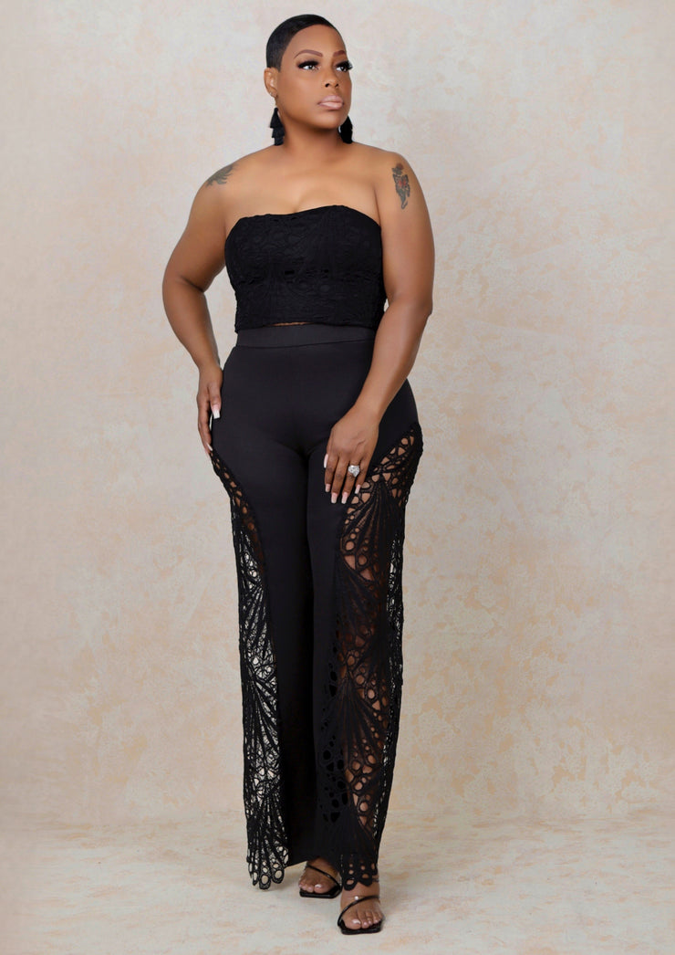 Sexy Lace Tube Top Wide-leg Pants Set (Black)