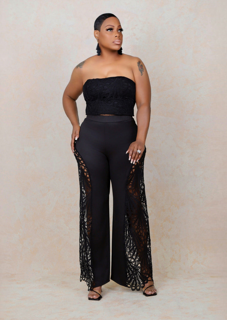 Sexy Lace Tube Top Wide-leg Pants Set (Black)