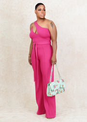All For The Look One Shoulder Denim Jumpsuit (Pink)