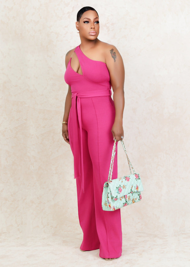 All For The Look One Shoulder Denim Jumpsuit (Pink)
