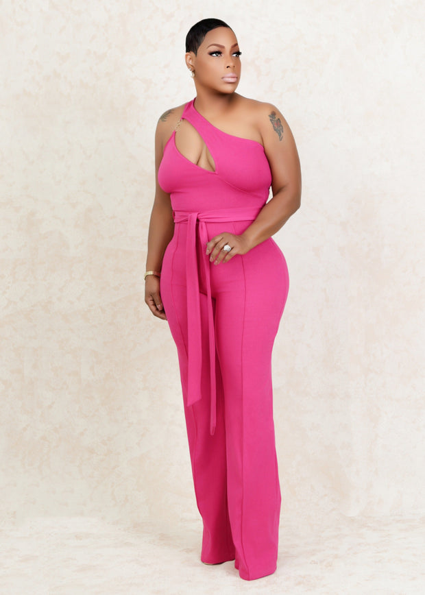 All For The Look One Shoulder Denim Jumpsuit (Pink)