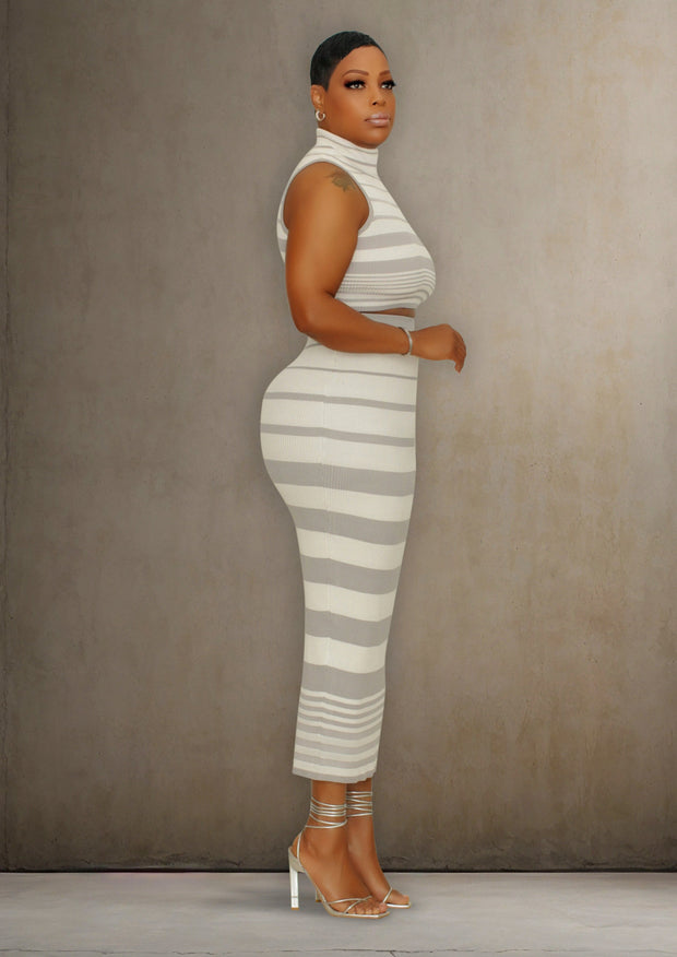 Lavish Stripe Sleeveless Crop Top (Grey/White Skirt Set)