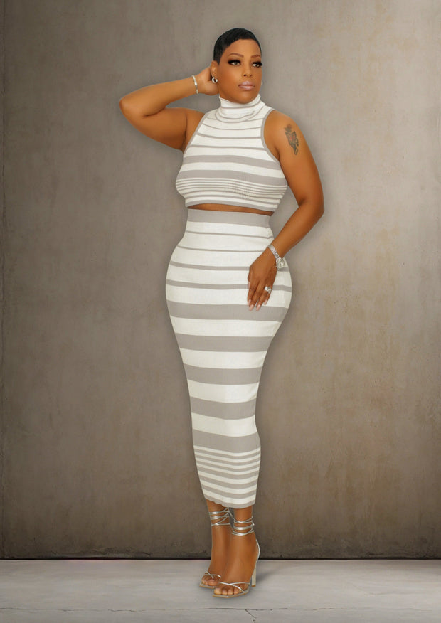 Lavish Stripe Sleeveless Crop Top (Grey/White Skirt Set)