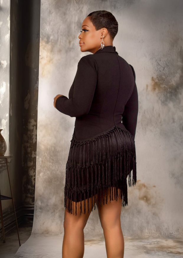 Fringe Suit Style Mini Dress (Black)