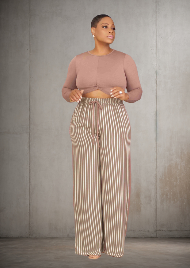 Laura Long Sleeve Knotted Top and Wide Leg Pants Set (Brown/Olive)