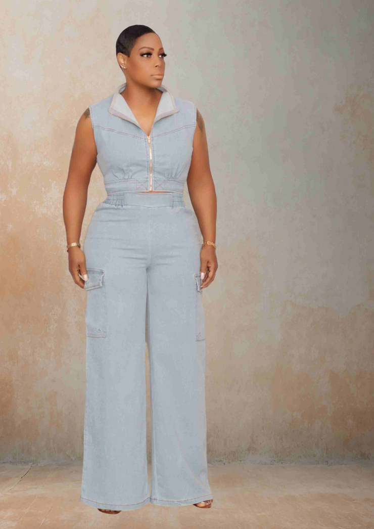 Sassy Crop Top Cargo Pants (Denim Set)