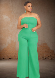 Retro Off The Shoulder Wide Leg Denim Jumpsuit (Green)