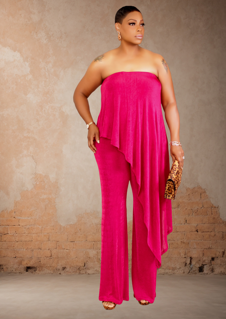 KAYLA SOLID DRAPED STRAPLESS JUMPSUIT (BURGUNDY)