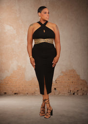 Lost In A Daze Halter Top Midi Dress (Black/Gold)