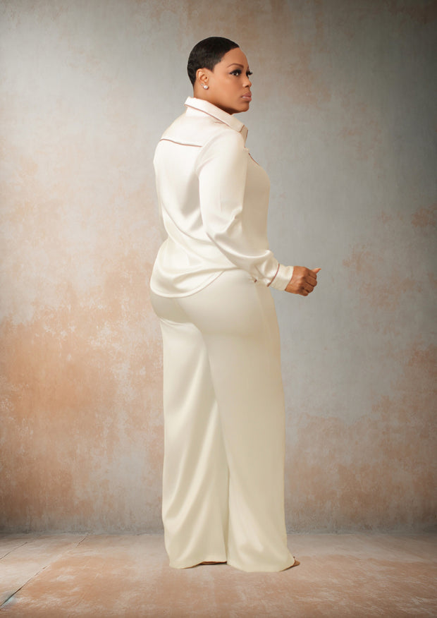 Pretty Whispers Wide Leg Pants Set (White/Tan)