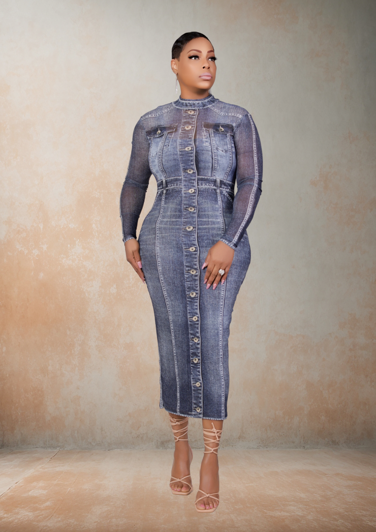 Mariya Denim Effect Printed Midi Dress (Blue)