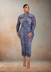 Mariya Denim Effect Printed Midi Dress (Blue)