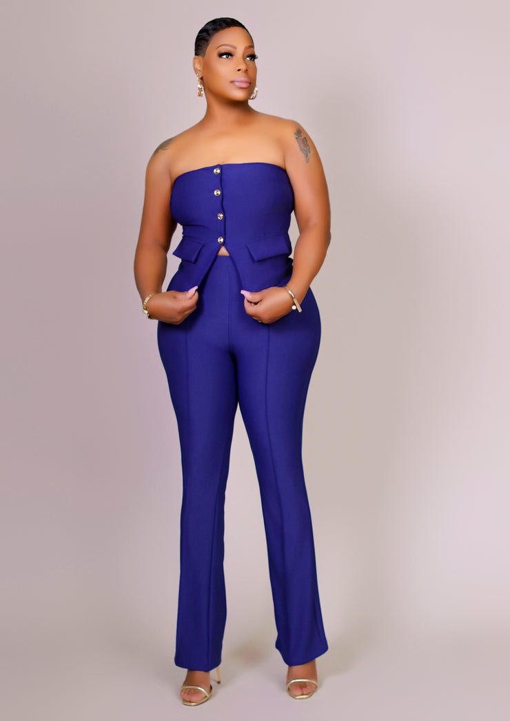 Cuba Strapless Button Front Tube Top Pants Set (Blue)