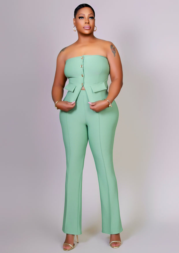 Cuba Strapless Button Front Tube Top Pants Set (Sage)