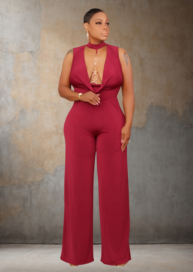 Flatter Me Mock Neck Front Wide Leg Jumpsuit (Burgundy)