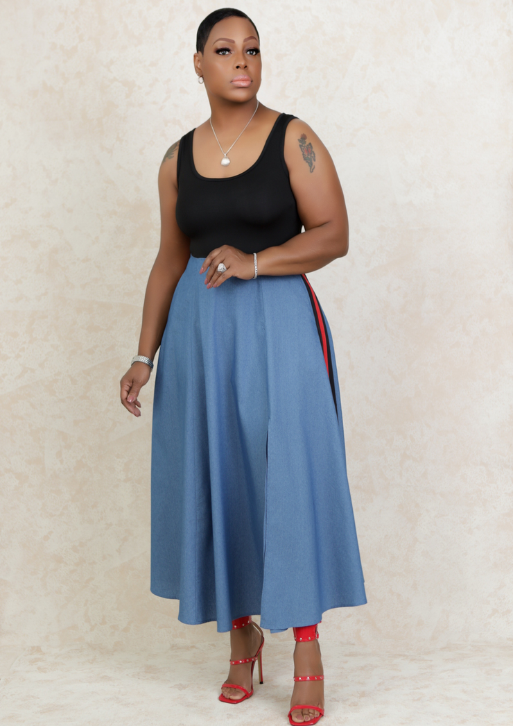 Block Denim Midi Dress with Split (Black/Red)