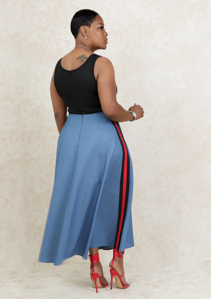 Block Denim Midi Dress with Split (Black/Red)