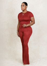 Runway Wavy Bliss Casual Top with Flare Pants Set (Rust)