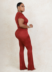 Runway Wavy Bliss Casual Top with Flare Pants Set (Rust)