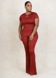 Runway Wavy Bliss Casual Top with Flare Pants Set (Rust)