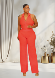 Lesli Crinkle Collar Zip-up Pant Set (Orange)