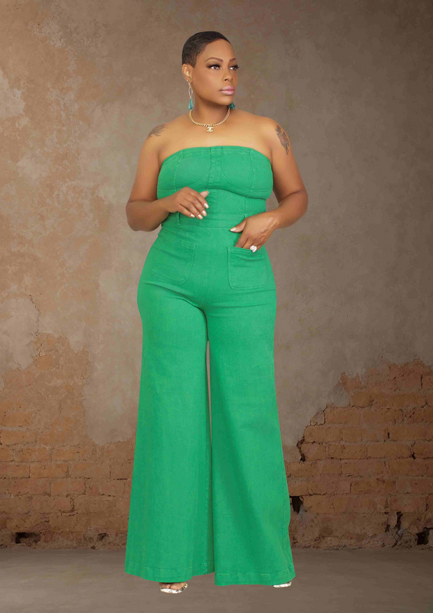 Retro Off The Shoulder Wide Leg Denim Jumpsuit (Green)