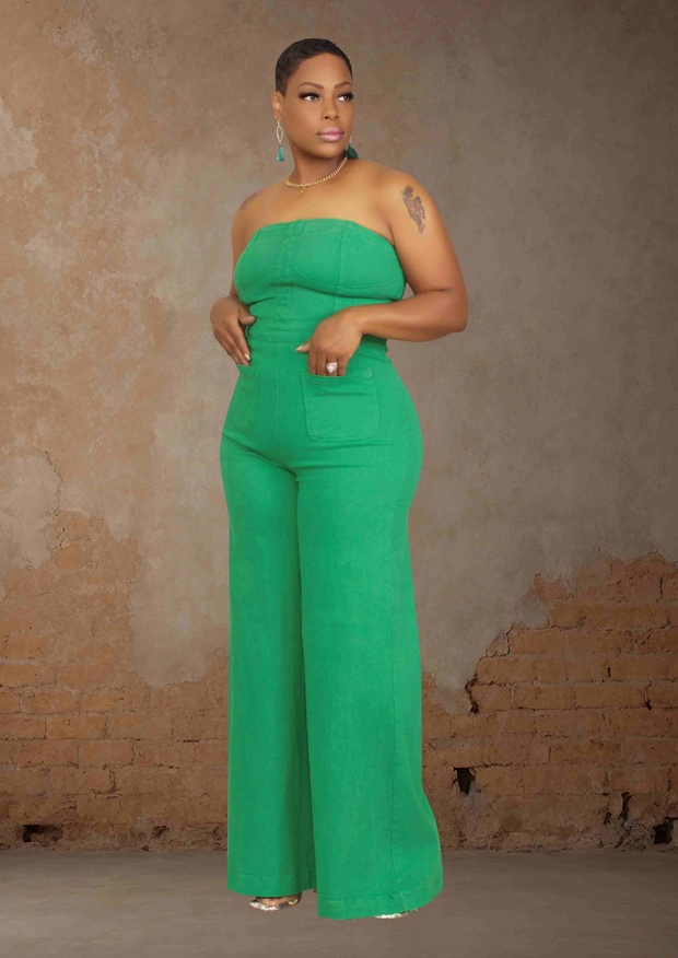 Retro Off The Shoulder Wide Leg Denim Jumpsuit (Green)