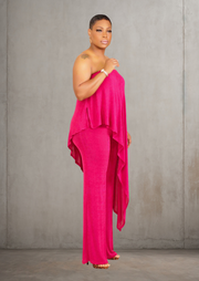 SOLID DRAPED STRAPLESS JUMPSUIT (Cherry)