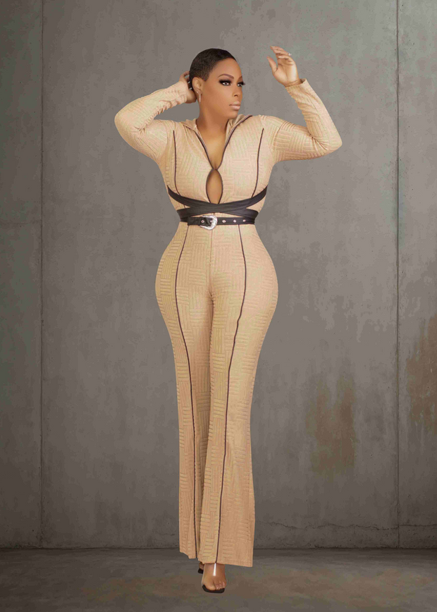 FAUX-LEATHER BELTED WIDE LEG JUMPSUIT (Beige)