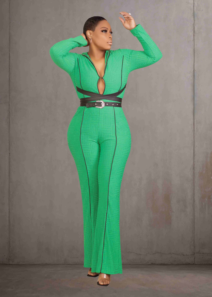 FAUX-LEATHER BELTED WIDE LEG JUMPSUIT (GREEN)