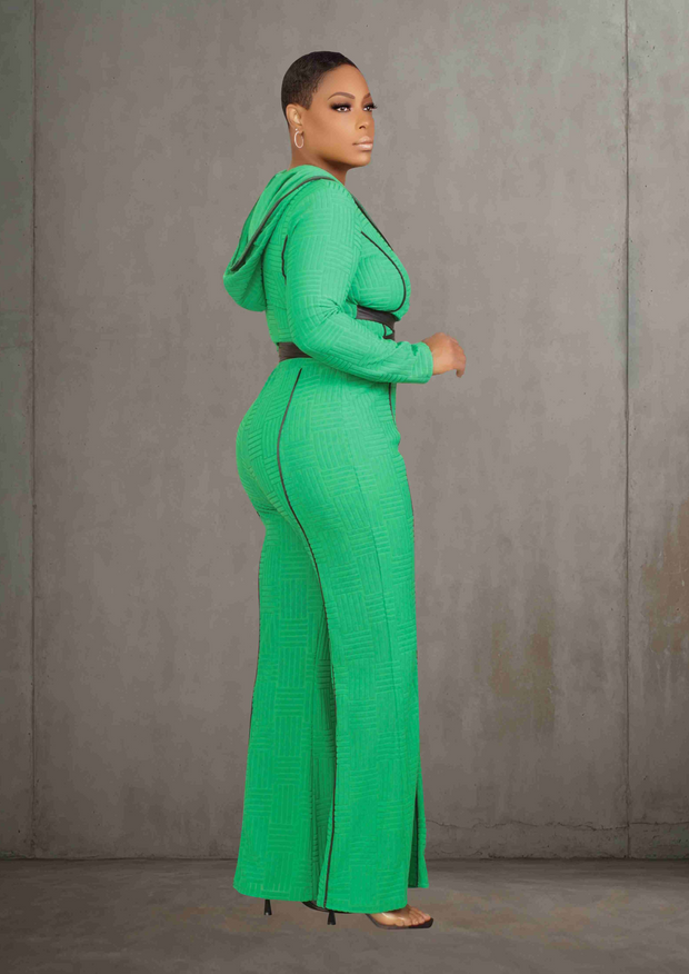 FAUX-LEATHER BELTED WIDE LEG JUMPSUIT (GREEN)