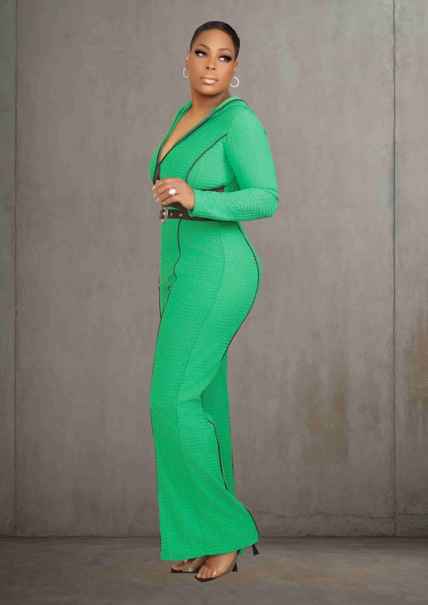 FAUX-LEATHER BELTED WIDE LEG JUMPSUIT (GREEN)