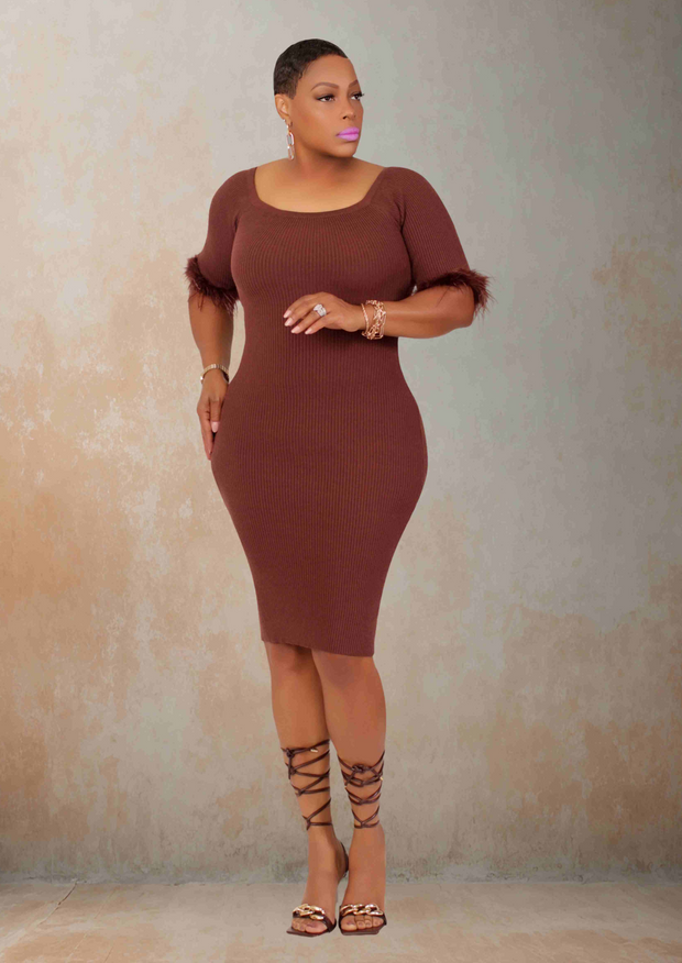 Flurry Trim Midi Sweater Dress (Brown)