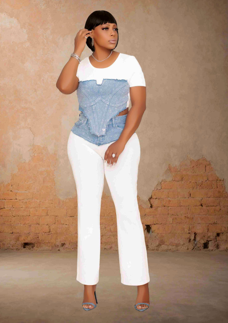 DENIM TRIM RIBBED KNIT PANTS SET (WHITE)