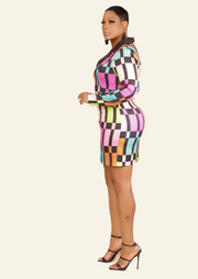 CHECKER PRINT BLAZER DRESS (Multi)