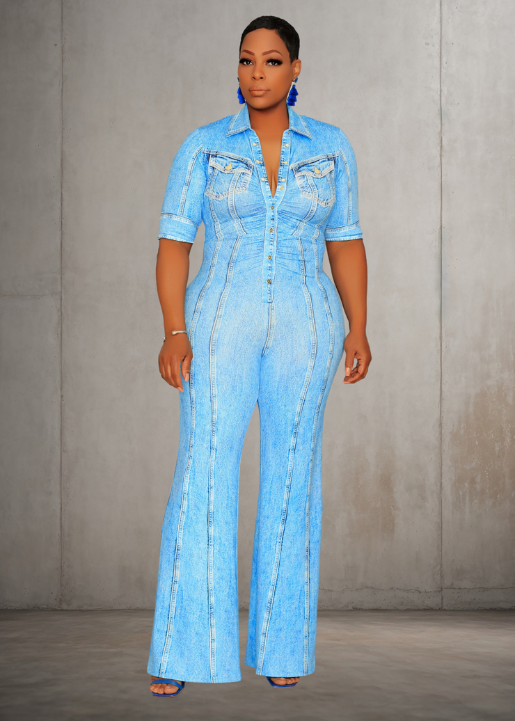 Denim Effect Button Down Short Sleeve Jumpsuit (Blue)