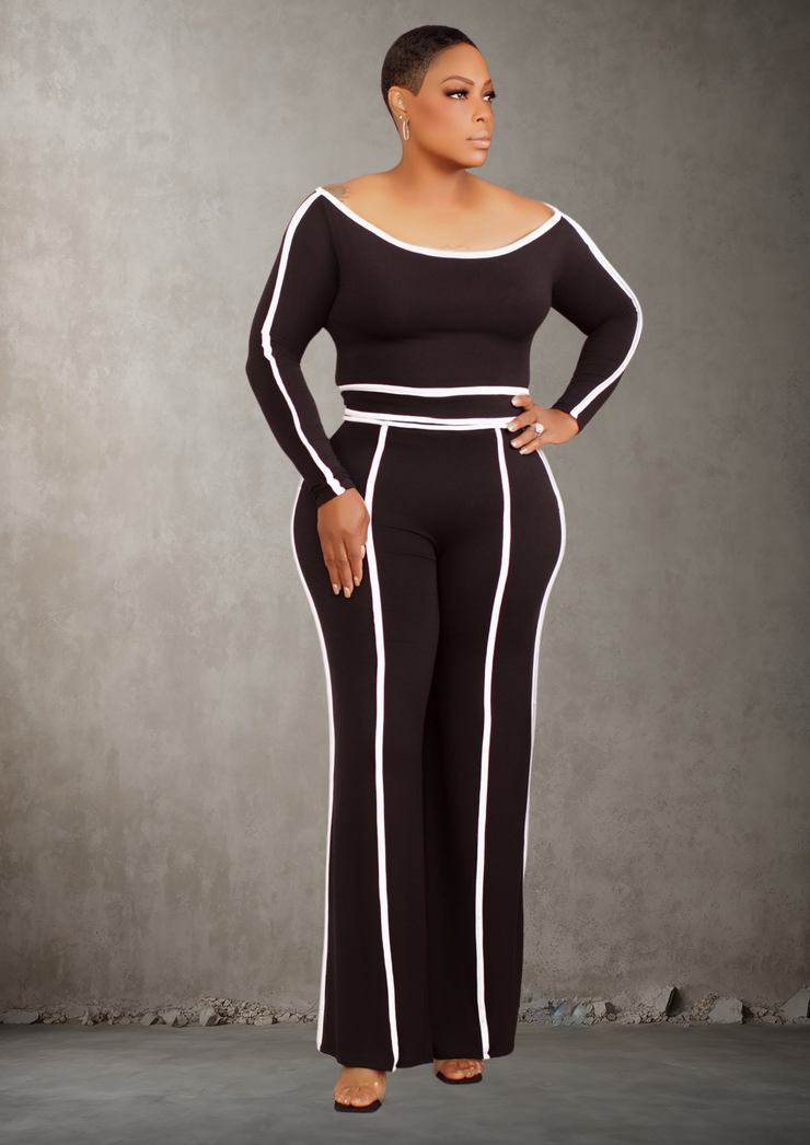 Maze off shoulder long sleeve top with wide leg pants