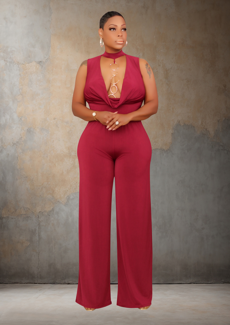 Flatter Me Mock Neck Front Wide Leg Jumpsuit (Burgundy)